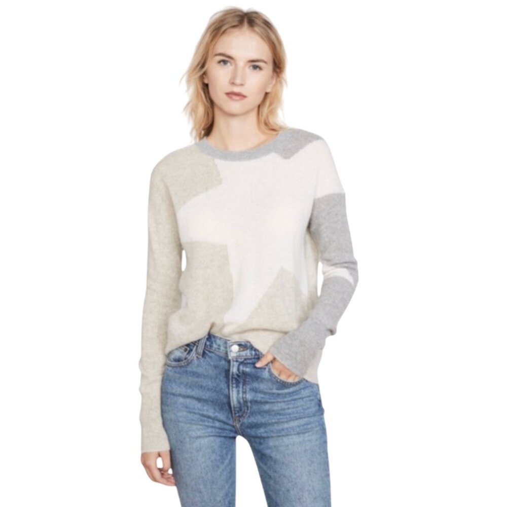 White + Warren Cashmere Exploded Star Sweater Womens Medium Gray Cream Crew Neck